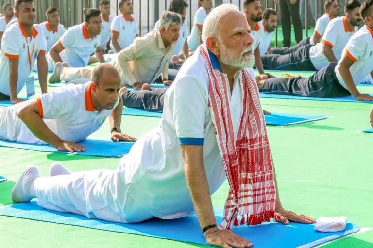 Prime Minister Narendra Modi addressing a public gathering ahead of his scheduled visit to West Bengal for International Yoga Day celebrations.