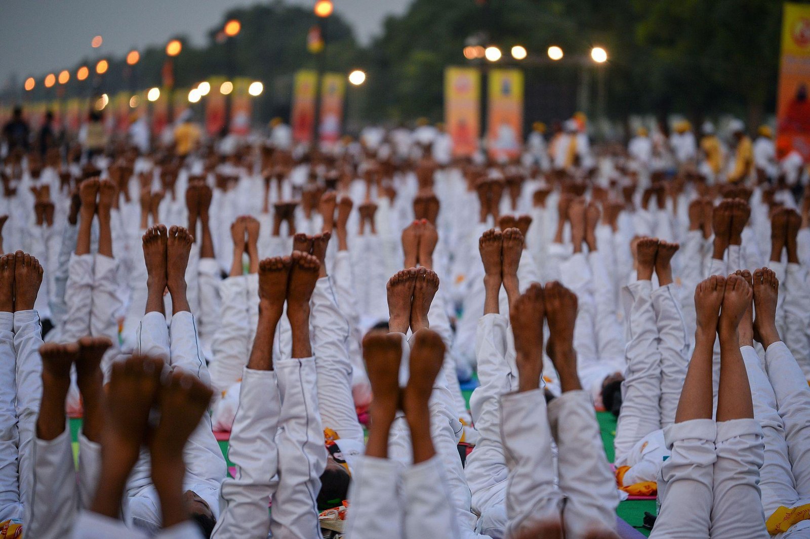 Participants practicing yoga during preparations for International Yoga Day celebrations in India