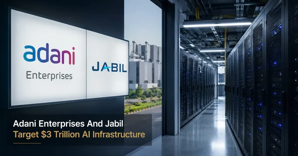 Advanced AI data center infrastructure representing the partnership between Adani and Jabil to support India's growing artificial intelligence ecosystem.