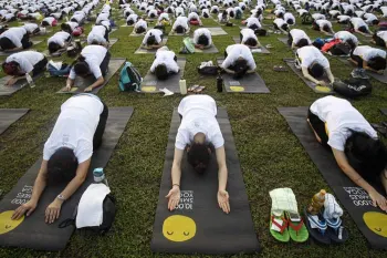 Participants practice yoga during a nationwide preparation event ahead of International Yoga Day 2026 celebrations.